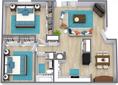 Three dimensional floor plan of a two bedroom apartment with furniture at Stone Oak Apartments in Grandview, Missouri